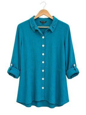 John Mark Lagenlook Flowy Tunic Blouse Teal Blue Button Front Small